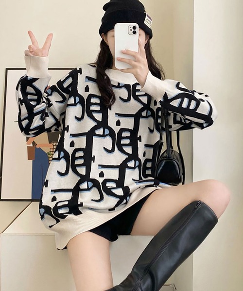 NinaetLina（ニナエリナ）の「ジャガード柄ニット（ニット/セーター・レディース・ブラック/ブラウン・FREE）」の4枚目の写真