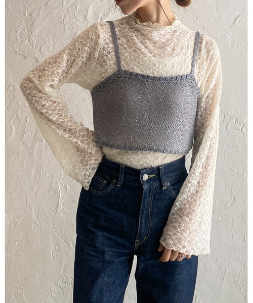 She's Closet（シーズクローゼット）の「グリッターラメスパンコールショート丈ニットビスチェキャミソール（キャミソール・レディース・アイボリー/グレー/ゴールド/ブラック・FREE）」の5枚目の写真