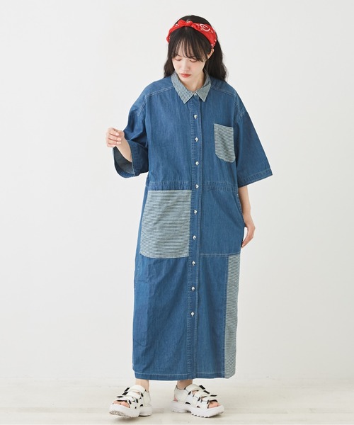 CUBE SUGAR（キューブシュガー）の「WEB限定デニム×ストライプ切替シャツワンピース（シャツワンピース・レディース・ライトブルー/インディゴブルー・M）」の20枚目の写真