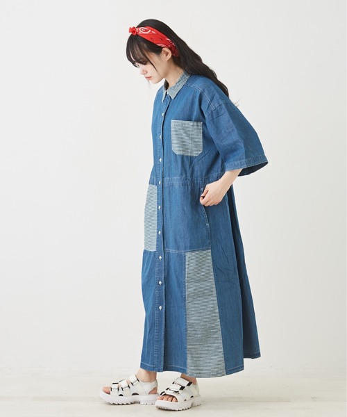 CUBE SUGAR（キューブシュガー）の「WEB限定デニム×ストライプ切替シャツワンピース（シャツワンピース・レディース・ライトブルー/インディゴブルー・M）」の21枚目の写真