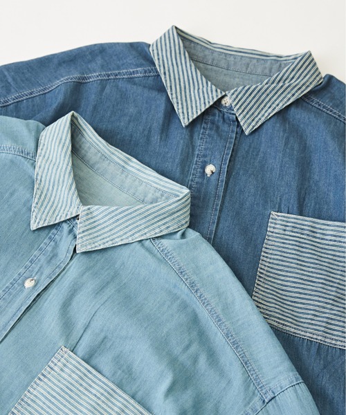 CUBE SUGAR（キューブシュガー）の「WEB限定デニム×ストライプ切替シャツワンピース（シャツワンピース・レディース・ライトブルー/インディゴブルー・M）」の12枚目の写真