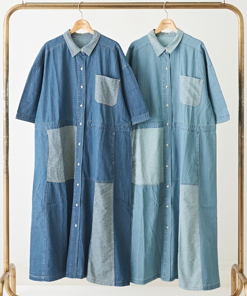 CUBE SUGAR（キューブシュガー）の「WEB限定デニム×ストライプ切替シャツワンピース（シャツワンピース・レディース・ライトブルー/インディゴブルー・M）」の13枚目の写真