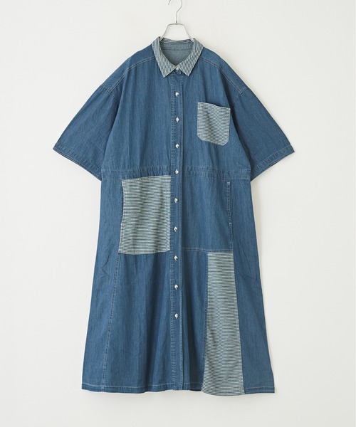 CUBE SUGAR（キューブシュガー）の「WEB限定デニム×ストライプ切替シャツワンピース（シャツワンピース・レディース・ライトブルー/インディゴブルー・M）」の3枚目の写真