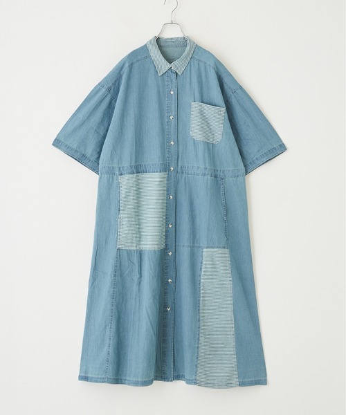 CUBE SUGAR（キューブシュガー）の「WEB限定デニム×ストライプ切替シャツワンピース（シャツワンピース・レディース・ライトブルー/インディゴブルー・M）」の5枚目の写真