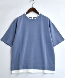 fake layered double knit T-shirt/接触冷感 フェイクレイヤード ダンボールニット クルーネック半袖Tシャツ