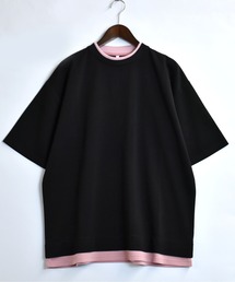 fake layered double knit T-shirt/接触冷感 フェイクレイヤード ダンボールニット クルーネック半袖Tシャツ