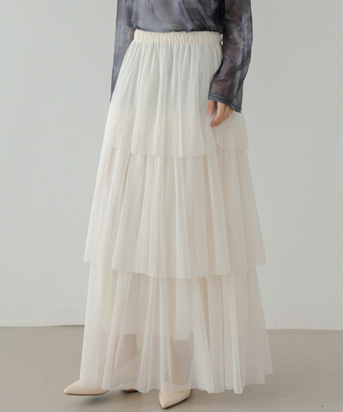ECLIN（エクラン）の「ティアードチュールフリルスカート（スカート・レディース・アイボリー/ブラック/グレー・S/M/L）」の9枚目の写真
