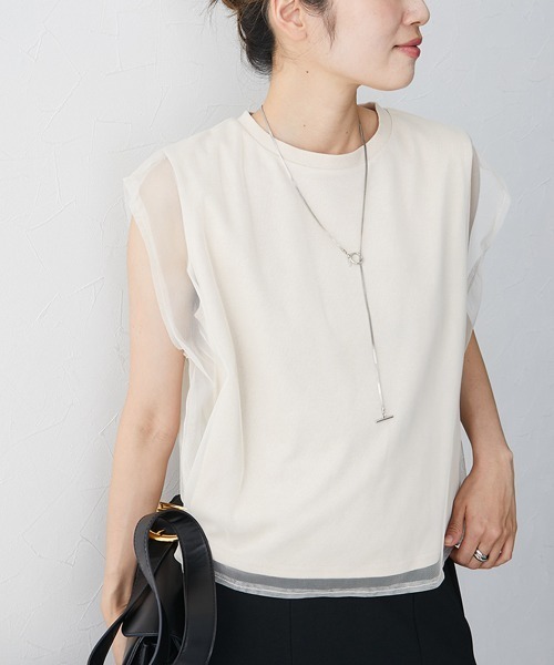 nissen(ニッセン)の「【販売終了】チュールレイヤードスリーブTシャツ(Tシャツ/カットソー・レディース・ベージュ/オフホワイト/ブラック・L/M)」の3枚目の写真