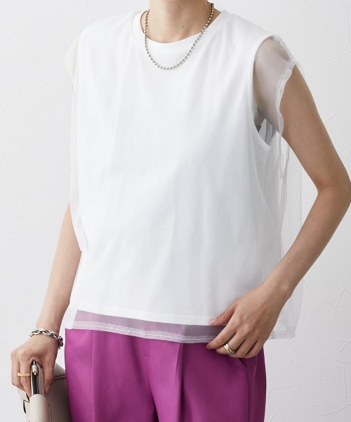 nissen(ニッセン)の「【販売終了】チュールレイヤードスリーブTシャツ(Tシャツ/カットソー・レディース・ベージュ/オフホワイト/ブラック・L/M)」の1枚目の写真