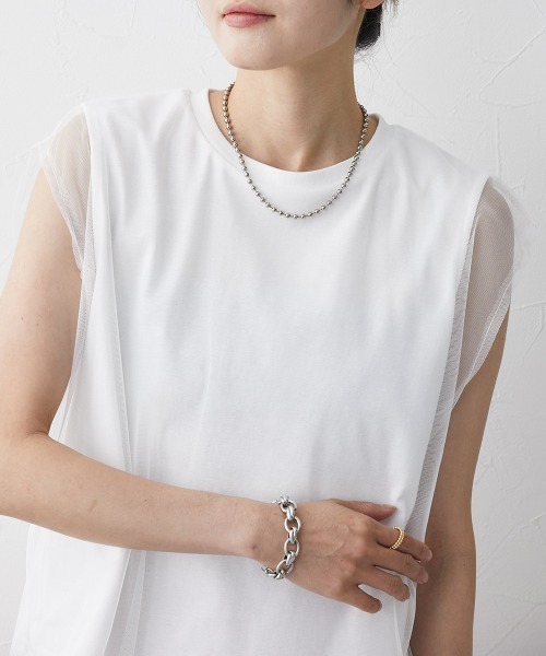 nissen(ニッセン)の「【販売終了】チュールレイヤードスリーブTシャツ(Tシャツ/カットソー・レディース・ベージュ/オフホワイト/ブラック・L/M)」の9枚目の写真