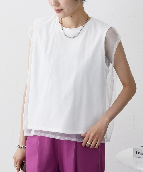 nissen(ニッセン)の「【販売終了】チュールレイヤードスリーブTシャツ(Tシャツ/カットソー・レディース・ベージュ/オフホワイト/ブラック・L/M)」の10枚目の写真