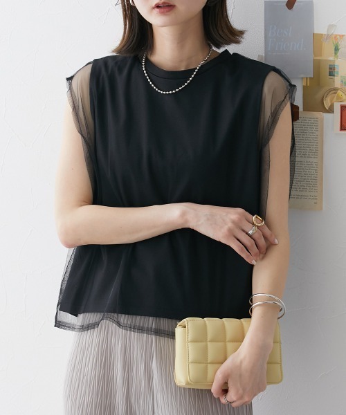 nissen(ニッセン)の「【販売終了】チュールレイヤードスリーブTシャツ(Tシャツ/カットソー・レディース・ベージュ/オフホワイト/ブラック・L/M)」の8枚目の写真