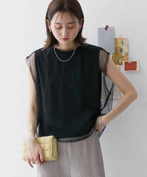 nissen(ニッセン)の「【販売終了】チュールレイヤードスリーブTシャツ(Tシャツ/カットソー・レディース・ベージュ/オフホワイト/ブラック・L/M)」の5枚目の写真