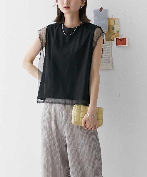 nissen(ニッセン)の「【販売終了】チュールレイヤードスリーブTシャツ(Tシャツ/カットソー・レディース・ベージュ/オフホワイト/ブラック・L/M)」の6枚目の写真