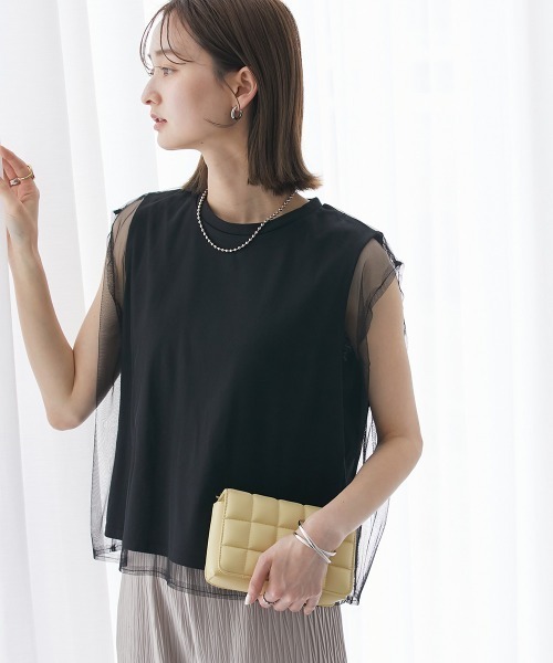 nissen(ニッセン)の「【販売終了】チュールレイヤードスリーブTシャツ(Tシャツ/カットソー・レディース・ベージュ/オフホワイト/ブラック・L/M)」の4枚目の写真