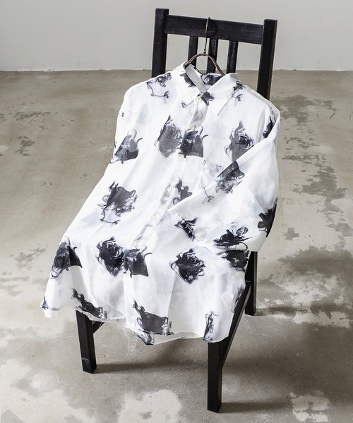 Revo.(レボ)の「オーガンジー 総柄シャツ オーバーサイズ シアーシャツ 半袖(シャツ/ブラウス・メンズ・ホワイト/ホワイト系その他/ブラック×ホワイト/ブラック・M/L)」の1枚目の写真