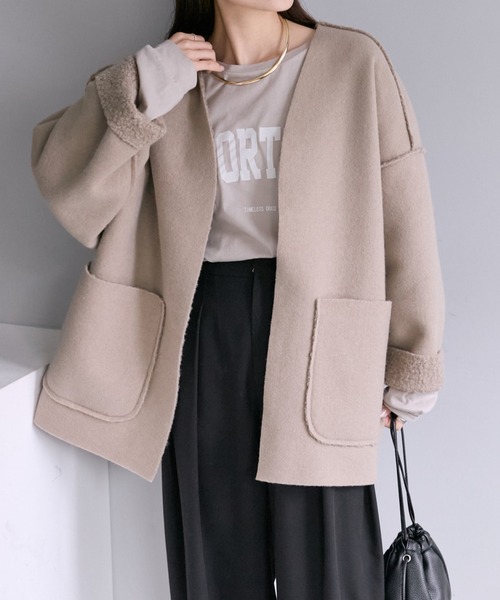 PUAL CE CIN（ピュアルセシン）の「フェイクリングウールリバーシブルトッパーコート（ノーカラーコート・レディース・モカ/ブラック/ライトベージュ・FREE）」の2枚目の写真