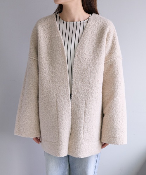 PUAL CE CIN（ピュアルセシン）の「フェイクリングウールリバーシブルトッパーコート（ノーカラーコート・レディース・モカ/ブラック/ライトベージュ・FREE）」の9枚目の写真