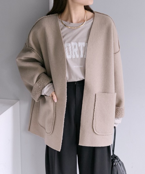 PUAL CE CIN（ピュアルセシン）の「フェイクリングウールリバーシブルトッパーコート（ノーカラーコート・レディース・モカ/ブラック/ライトベージュ・FREE）」の18枚目の写真