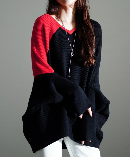 Sawa a la mode（サワアラモード）の「配色ドルマンリブニット（ニット/セーター・レディース・ブラック/グレー/レッド・FREE）」の3枚目の写真