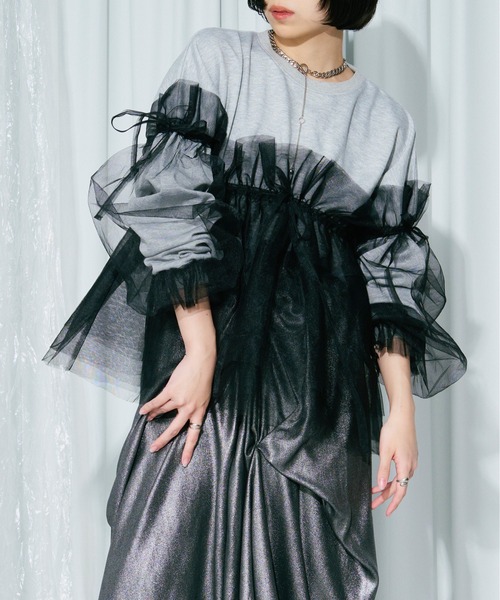 トレーナー スウェット Wrapping over チュールスウェット レディース Ezick トレーナー スウェット Wrapping over チュールスウェット