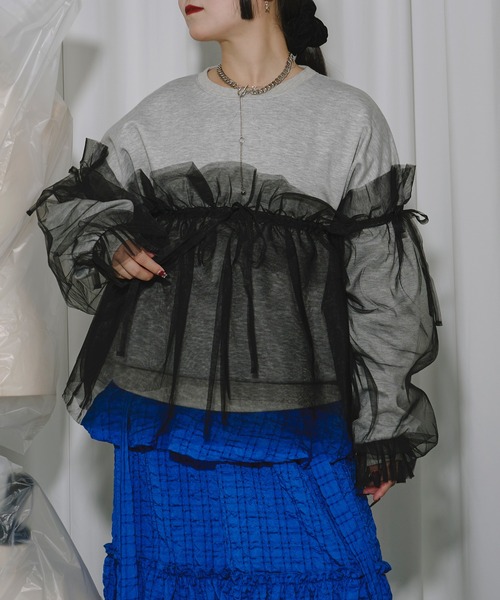 トレーナー スウェット Wrapping over チュールスウェット レディース Ezick トレーナー スウェット Wrapping over チュールスウェット