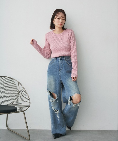 ad thie(アドティエ)の「ヴィンテージライク ダメージデニム(デニムパンツ・レディース・ブルー・SMALL/MEDIUM)」の3枚目の写真