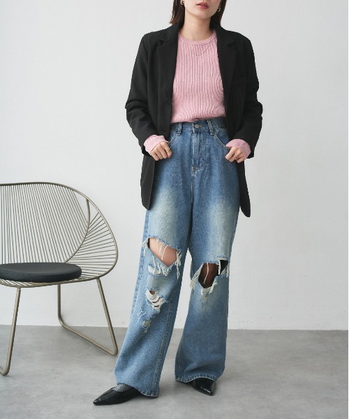 ad thie(アドティエ)の「ヴィンテージライク ダメージデニム(デニムパンツ・レディース・ブルー・SMALL/MEDIUM)」の8枚目の写真