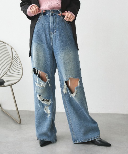 ad thie(アドティエ)の「ヴィンテージライク ダメージデニム(デニムパンツ・レディース・ブルー・SMALL/MEDIUM)」の9枚目の写真