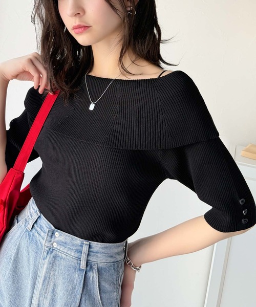classicalelf(クラシカルエルフ)の「大人フェミニンな着こなし。オフショルリブニット(半袖)(Tシャツ/カットソー・レディース・グレイッシュベージュ/ブラック/オフホワイト/ブルー・X-LARGE/SMALL/MEDIUM/LARGE)」の18枚目の写真