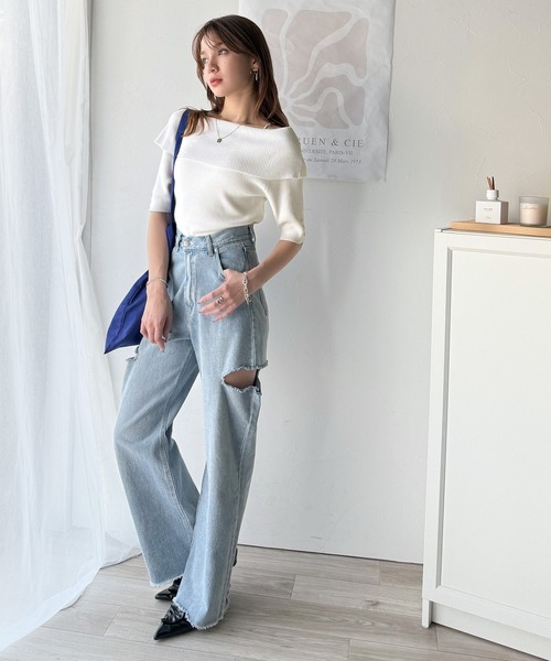 classicalelf(クラシカルエルフ)の「大人フェミニンな着こなし。オフショルリブニット(半袖)(Tシャツ/カットソー・レディース・グレイッシュベージュ/ブラック/オフホワイト/ブルー・X-LARGE/SMALL/MEDIUM/LARGE)」の12枚目の写真