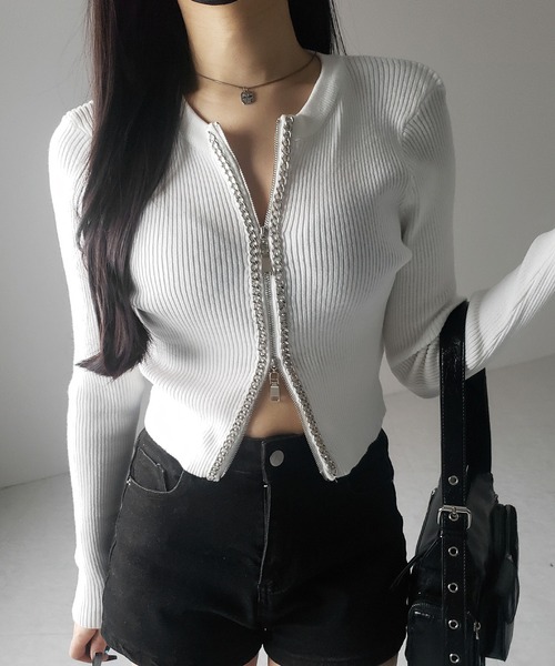 me+em select(ミームセレクト)の「【 2color 】ダブルジップフロントチェーンリブニットカーディガン / double zip front chain rib knit cardigan(カーディガン/ボレロ・レディース・ホワイト/ブラック・FREE)」の1枚目の写真