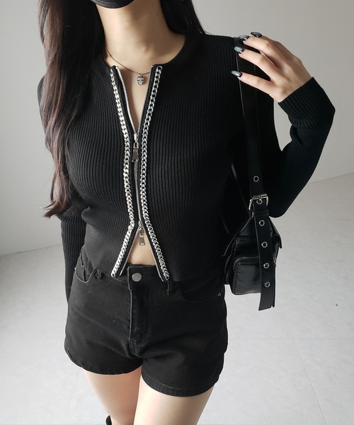 me+em select(ミームセレクト)の「【 2color 】ダブルジップフロントチェーンリブニットカーディガン / double zip front chain rib knit cardigan(カーディガン/ボレロ・レディース・ホワイト/ブラック・FREE)」の5枚目の写真