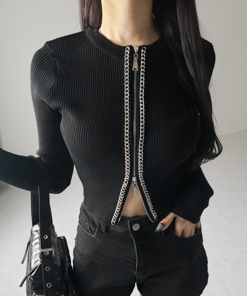 me+em select(ミームセレクト)の「【 2color 】ダブルジップフロントチェーンリブニットカーディガン / double zip front chain rib knit cardigan(カーディガン/ボレロ・レディース・ホワイト/ブラック・FREE)」の9枚目の写真