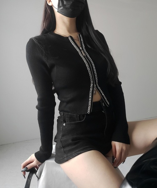 me+em select(ミームセレクト)の「【 2color 】ダブルジップフロントチェーンリブニットカーディガン / double zip front chain rib knit cardigan(カーディガン/ボレロ・レディース・ホワイト/ブラック・FREE)」の13枚目の写真