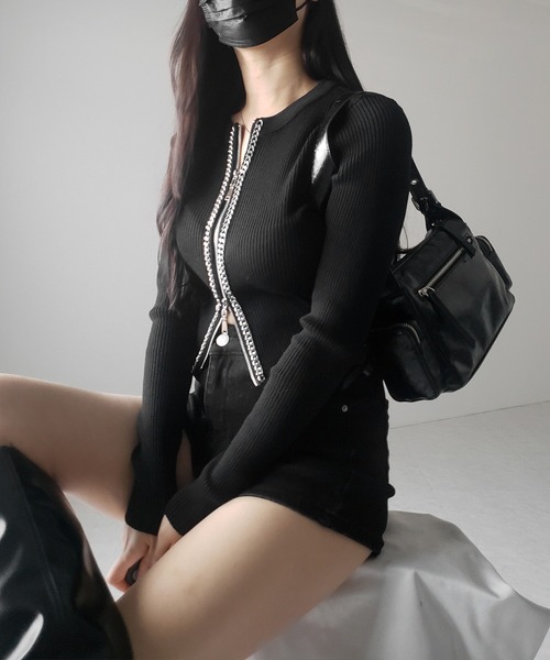 me+em select(ミームセレクト)の「【 2color 】ダブルジップフロントチェーンリブニットカーディガン / double zip front chain rib knit cardigan(カーディガン/ボレロ・レディース・ホワイト/ブラック・FREE)」の16枚目の写真