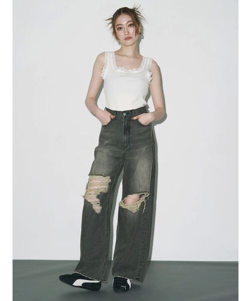 EVRIS（エヴリス）の「グランジダメージワイドデニムパンツ（デニムパンツ・レディース・ブラック/ライトブルー・MEDIUM/SMALL）」の10枚目の写真