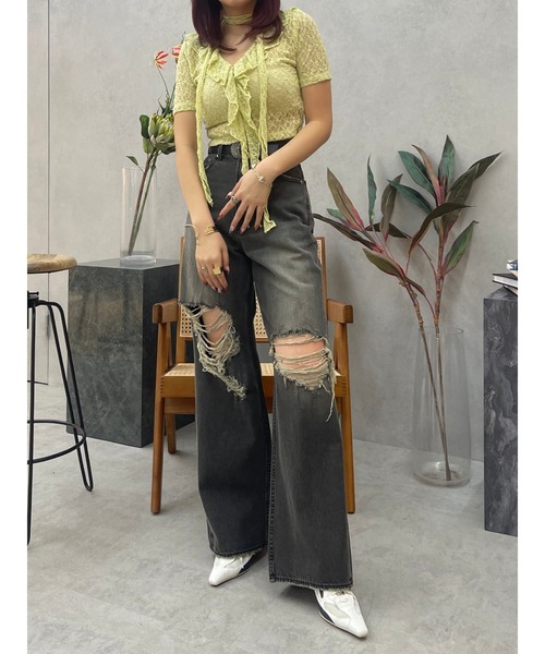 EVRIS（エヴリス）の「グランジダメージワイドデニムパンツ（デニムパンツ・レディース・ブラック/ライトブルー・MEDIUM/SMALL）」の3枚目の写真