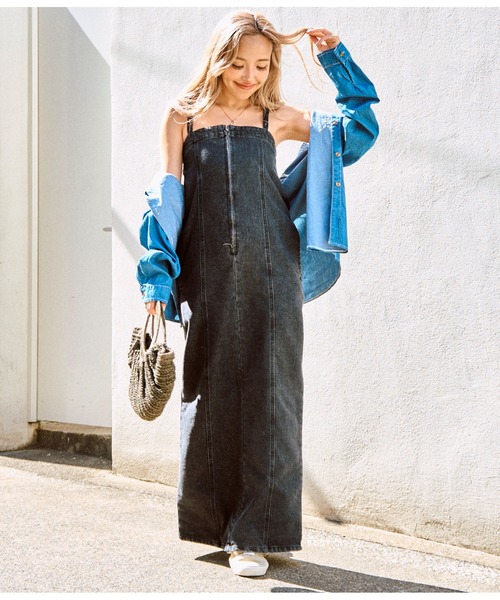 セール】フロント ジップ デニム ロングジャンパー スカート