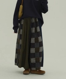 ヴィンテージ風 チェック柄パッチワーク ワイドレッグパンツ カジュアル&デイリー シンプル