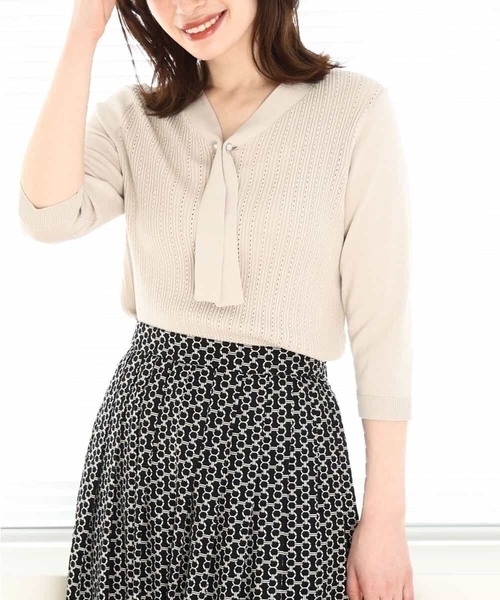 OFUON / オフオン ボウタイデザイン六分袖ニット/洗える/WEB限定サイズあり オフオン OFUON ボウタイデザイン六分袖ニット/洗える/WEB限定
