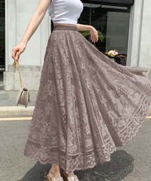 一枚で涼しさ抜群！夏服にピッタリ！ウエストゴムレースデザインロングスカート