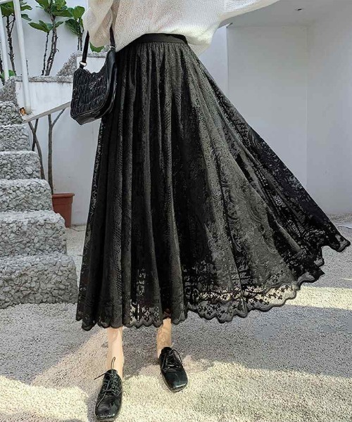 maison de LATIR（メゾンドラティール）の「一枚で涼しさ抜群！夏服にピッタリ！ウエストゴムレースデザインロングスカート（スカート・レディース・ホワイト/ブラック/パープル/クリーム/ブラウン・ONESIZE）」の15枚目の写真