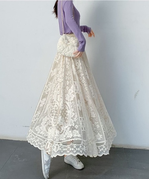 maison de LATIR（メゾンドラティール）の「一枚で涼しさ抜群！夏服にピッタリ！ウエストゴムレースデザインロングスカート（スカート・レディース・ホワイト/ブラック/パープル/クリーム/ブラウン・ONESIZE）」の18枚目の写真