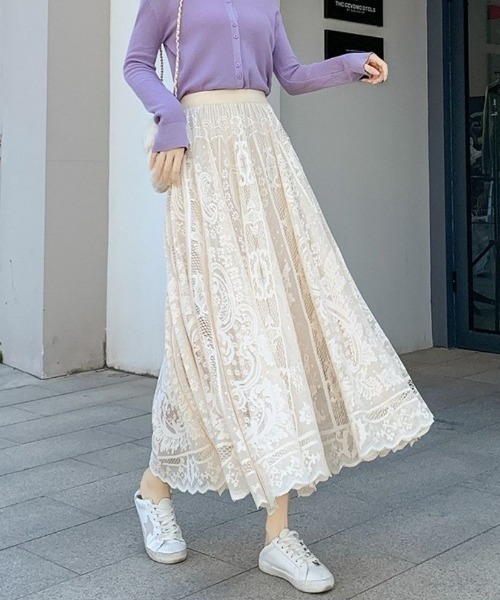 maison de LATIR（メゾンドラティール）の「一枚で涼しさ抜群！夏服にピッタリ！ウエストゴムレースデザインロングスカート（スカート・レディース・ホワイト/ブラック/パープル/クリーム/ブラウン・ONESIZE）」の19枚目の写真