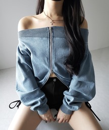 ※※【 2color 】ダブルジップピグメントオフショルスウェットトップス / double zip pigment off shoulder sweat tops