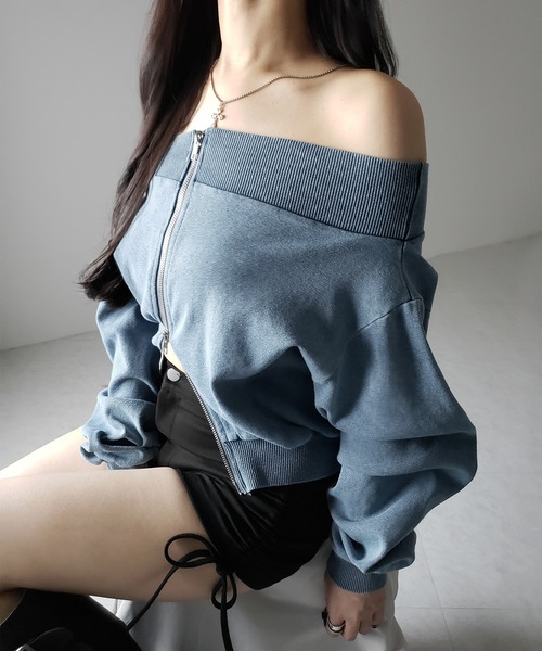 me+em select（ミームセレクト）の「※※【 ２color 】ダブルジップピグメントオフショルスウェットトップス ／ double zip pigment off shoulder sweat tops（その他トップス・レディース・ブルー/グレー・FREE）」の20枚目の写真