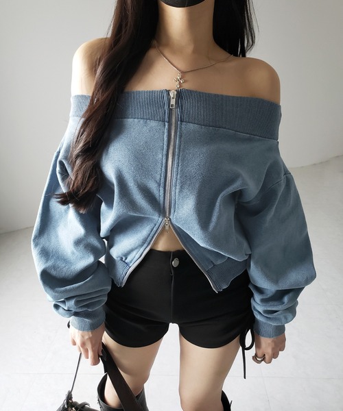 me+em select（ミームセレクト）の「※※【 ２color 】ダブルジップピグメントオフショルスウェットトップス ／ double zip pigment off shoulder sweat tops（その他トップス・レディース・ブルー/グレー・FREE）」の22枚目の写真