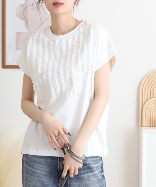 セール】EGLANTINE シフォンフリル付き半袖カットソー（Tシャツ
