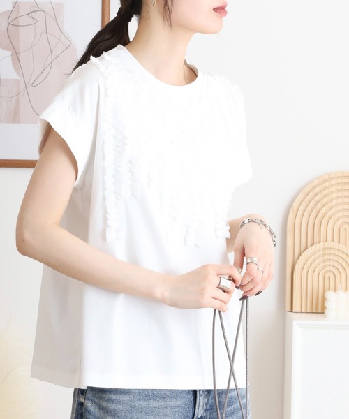 エグランティーヌ EGLANTINE バックフリル半袖カットソー （オレンジ） セール】EGLANTINE シフォンフリル付き半袖カットソー（Tシャツ